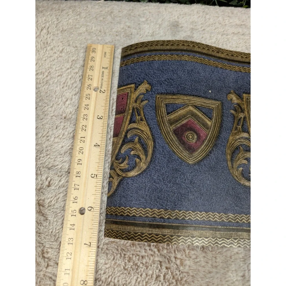 Vtg Tailored Elegance Mander Blue Gold Shield Wallpaper Border 2 Rolls 310120